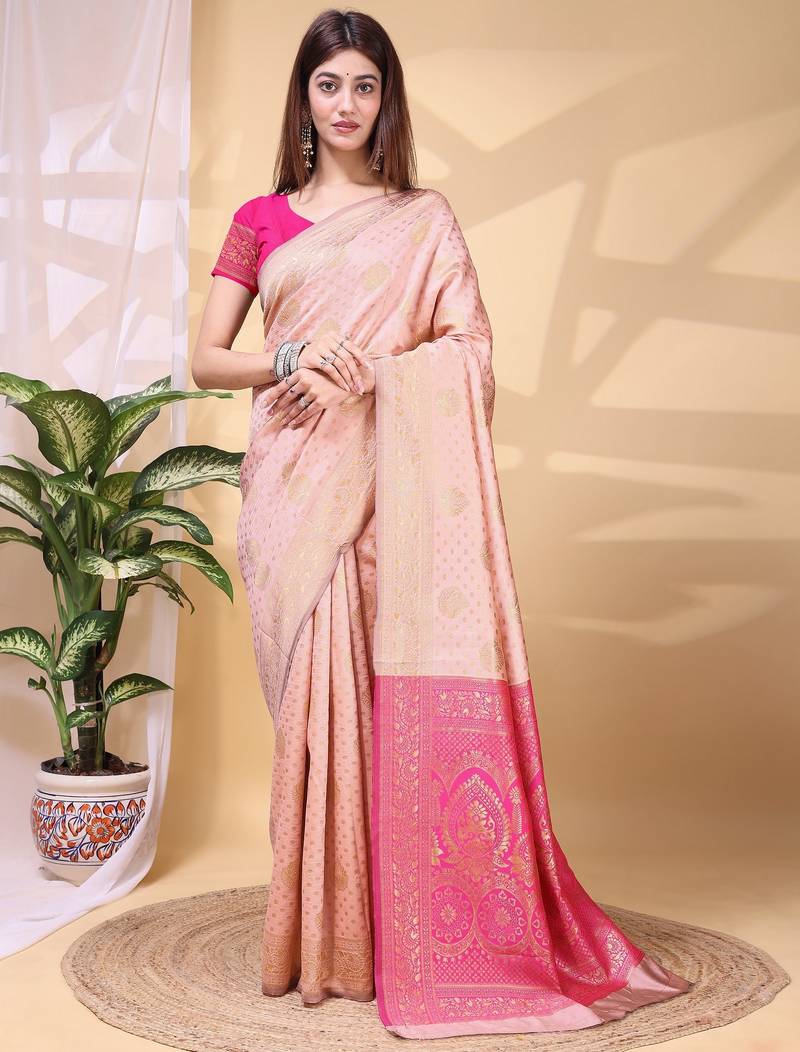 pink color lichi art silk fabric beautiful woven designer saree