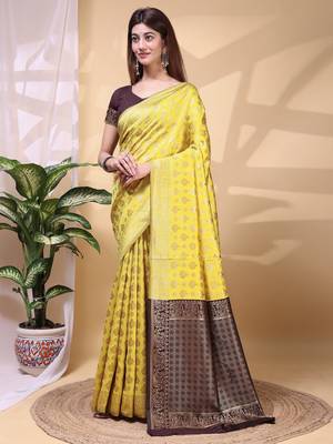 yellow lichi art silk blend woven saree 1