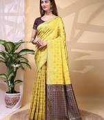 yellow color lichi art silk fabric beautiful woven designer saree