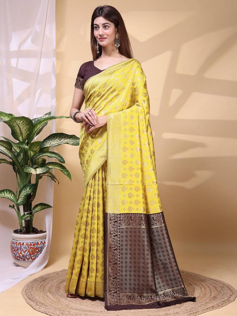 yellow color lichi art silk fabric beautiful woven designer saree