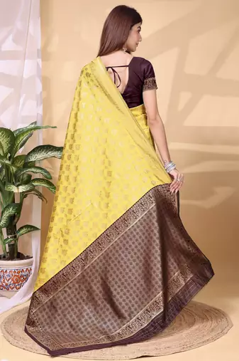 yellow lichi art silk blend woven saree