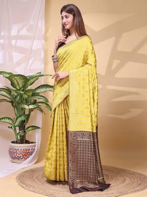 yellow lichi art silk blend woven saree 3