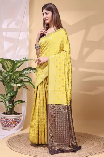 yellow lichi art silk blend woven saree