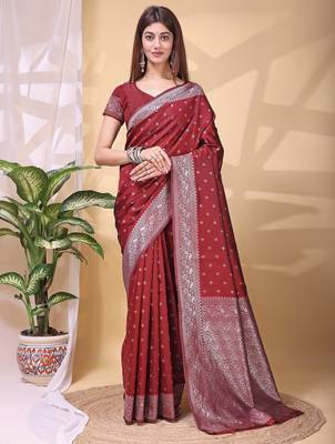 maroon lichi art silk blend woven saree 1