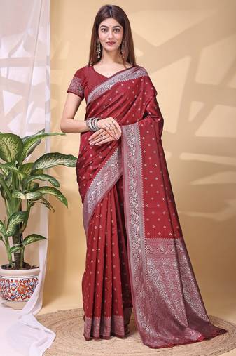 maroon color lichi art silk fabric beautiful woven designer saree