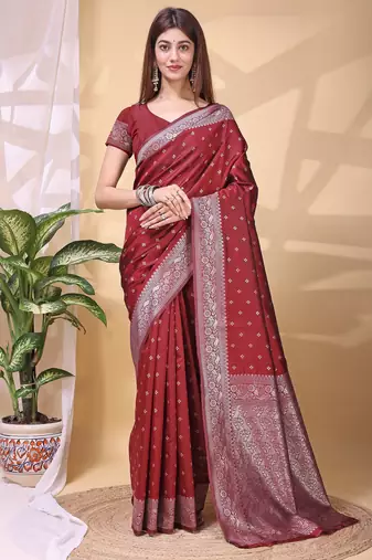 maroon color lichi art silk fabric beautiful woven designer saree