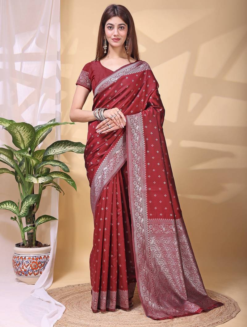 maroon color lichi art silk fabric beautiful woven designer saree