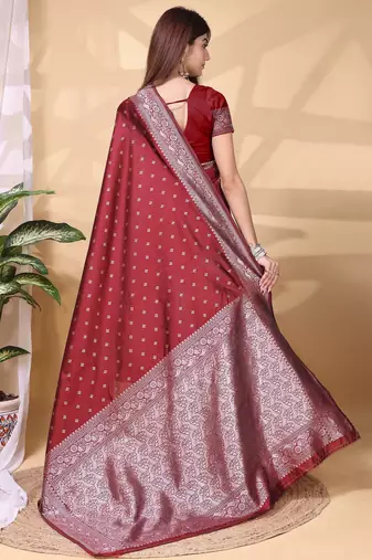 maroon lichi art silk blend woven saree