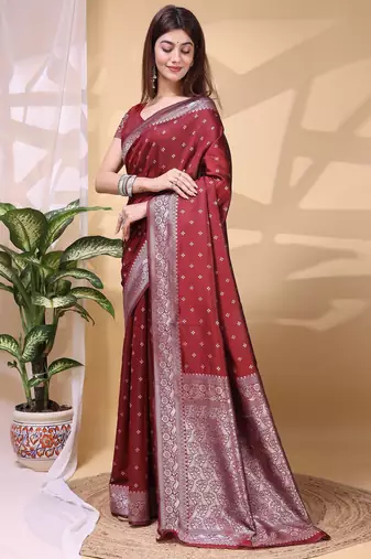 maroon lichi art silk blend woven saree