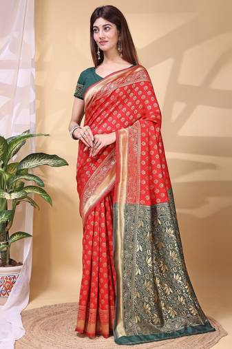 red color lichi art silk fabric beautiful woven designer saree