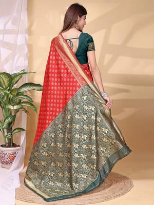 red lichi art silk blend woven saree 2