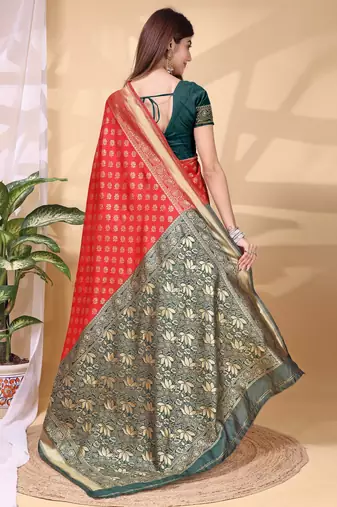 red lichi art silk blend woven saree