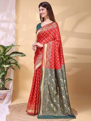 red lichi art silk blend woven saree 3