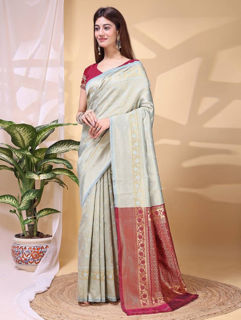 grey art silk fabric beautiful woven designer saree