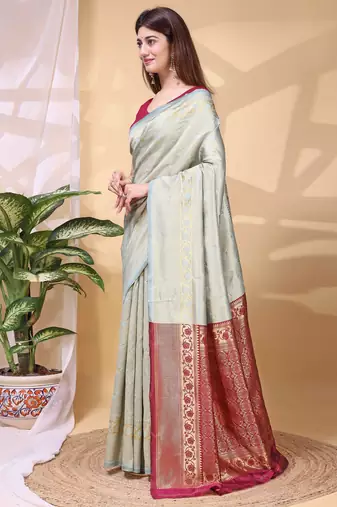 grey art silk blend woven saree