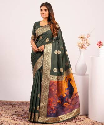green faux banarasi art silk blend partywear saree 1