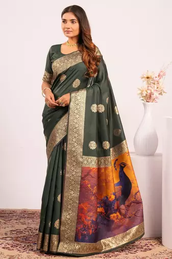 green color banarasi art silk fabric designer partywear saree