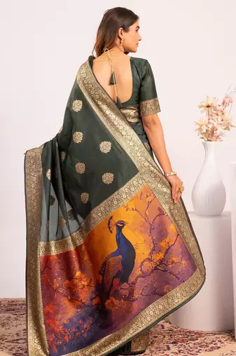 green faux banarasi art silk blend partywear saree