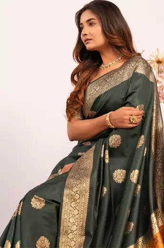 green faux banarasi art silk blend partywear saree