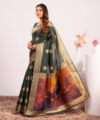green faux banarasi art silk blend partywear saree 4