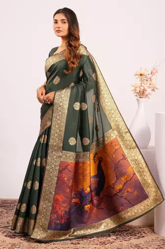green faux banarasi art silk blend partywear saree