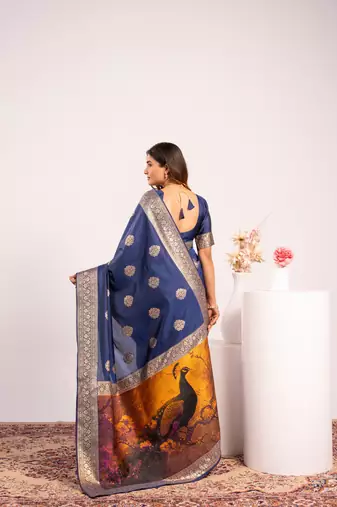 blue faux banarasi art silk blend partywear saree