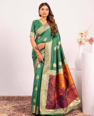 parrot green faux banarasi art silk blend partywear saree 1
