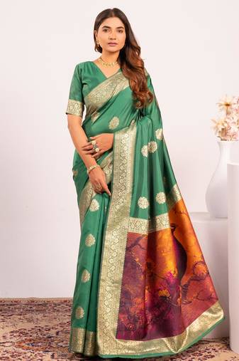 parrot green color banarasi art silk fabric designer partywear saree
