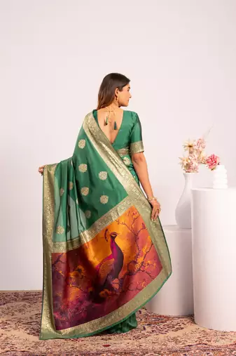 parrot green faux banarasi art silk blend partywear saree