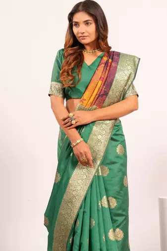 parrot green faux banarasi art silk blend partywear saree