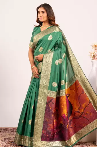 parrot green faux banarasi art silk blend partywear saree