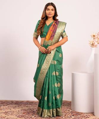 parrot green faux banarasi art silk blend partywear saree 5