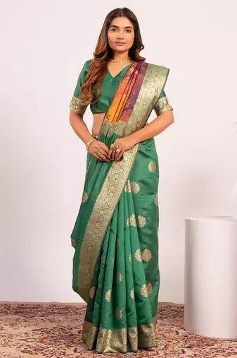parrot green faux banarasi art silk blend partywear saree