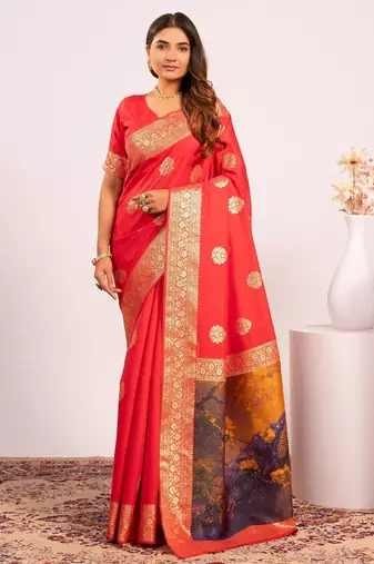 red color banarasi art silk fabric designer partywear saree