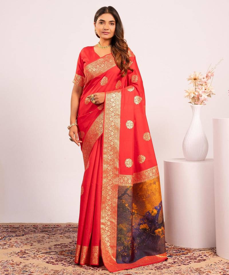 red color banarasi art silk fabric designer partywear saree