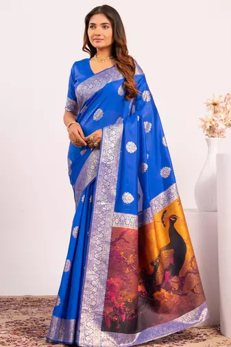royal blue color banarasi art silk fabric designer partywear saree
