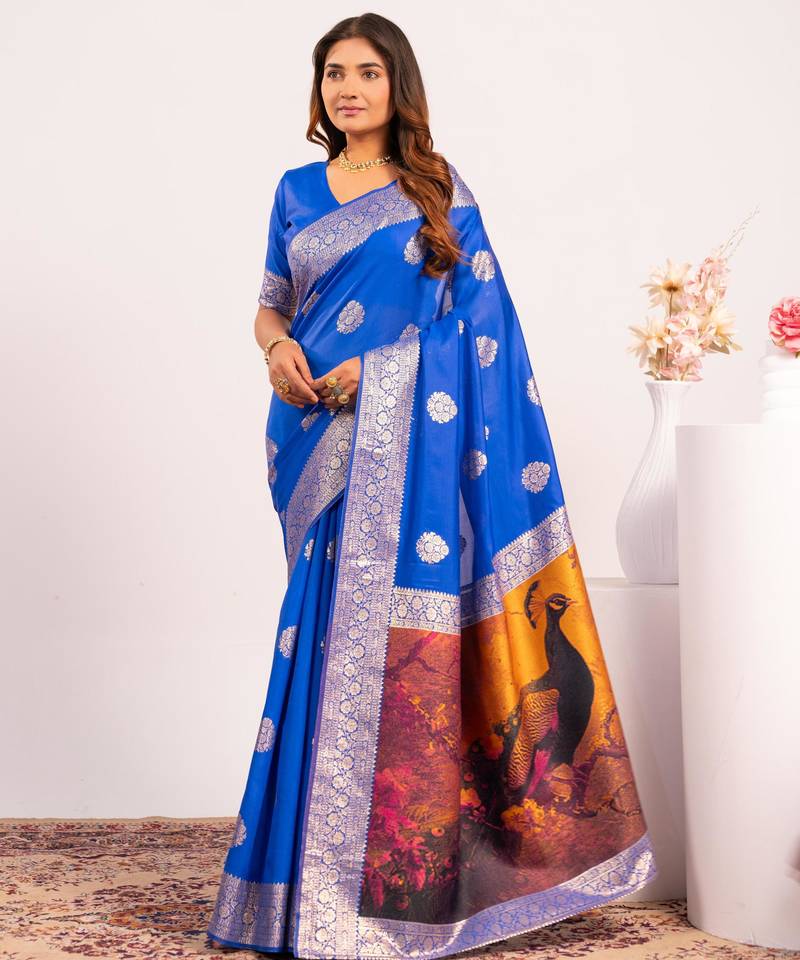 royal blue color banarasi art silk fabric designer partywear saree