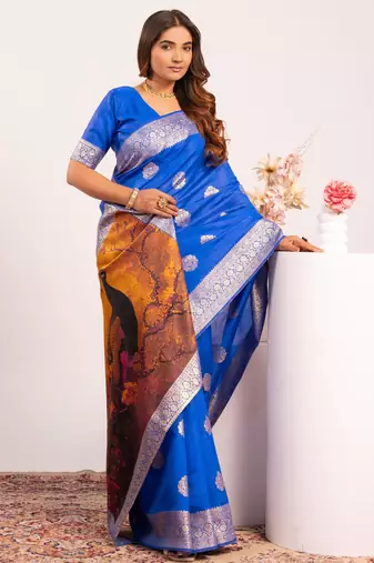 royal blue faux banarasi art silk blend partywear saree
