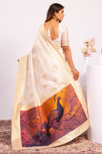off white faux banarasi art silk blend partywear saree