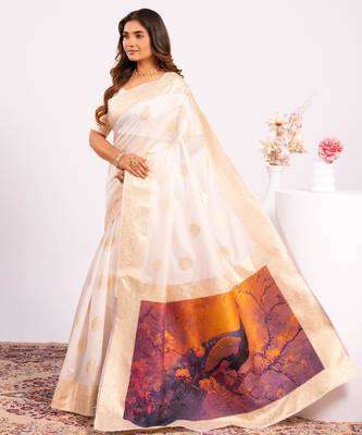 off white faux banarasi art silk blend partywear saree 4