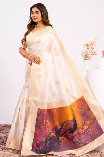 off white faux banarasi art silk blend partywear saree