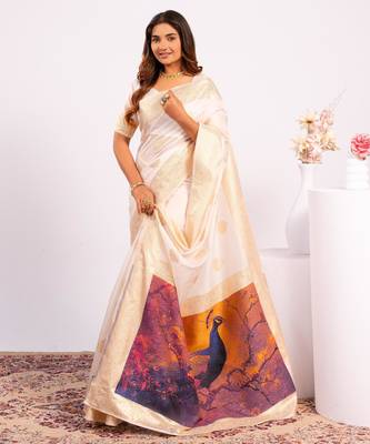 off white faux banarasi art silk blend partywear saree 5