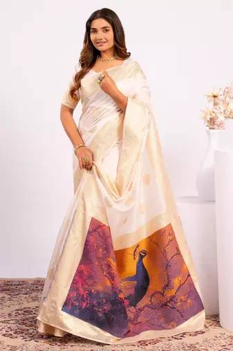 off white faux banarasi art silk blend partywear saree