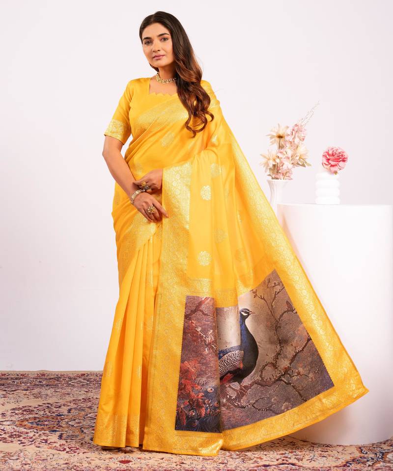 yellow color banarasi art silk fabric designer partywear saree