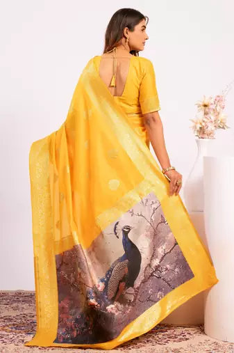 yellow faux banarasi art silk blend partywear saree