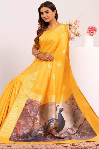 yellow faux banarasi art silk blend partywear saree