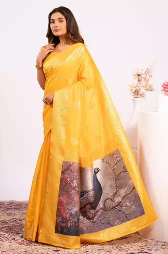 yellow faux banarasi art silk blend partywear saree