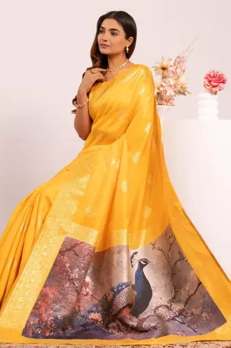 yellow faux banarasi art silk blend partywear saree