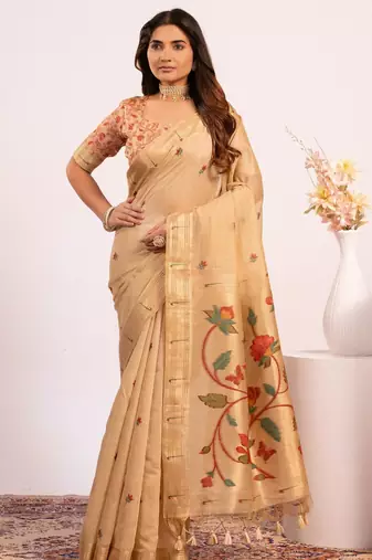 chiku color muga cotton fabric paithani weaving designer partywear saree