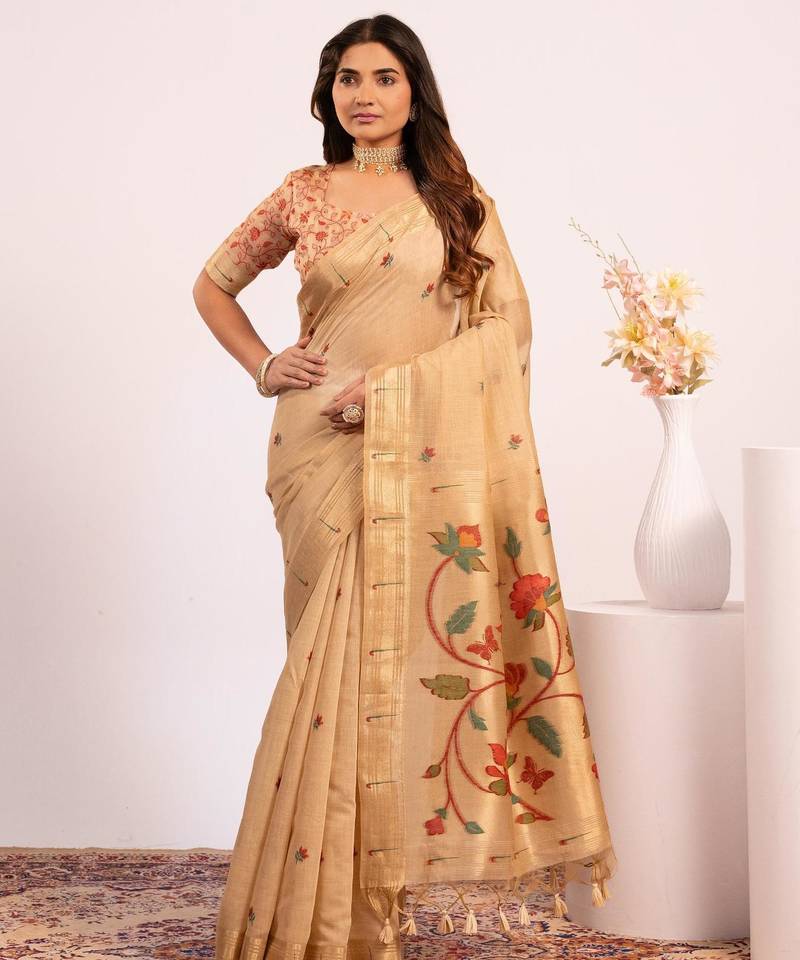 chiku color muga cotton fabric paithani weaving designer partywear saree